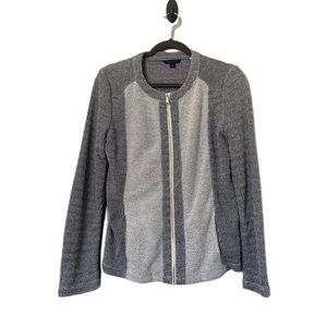 Tommy Hilfiger Womens Jacket Sweater Gray White No Collar Long Sleeve Zip Up